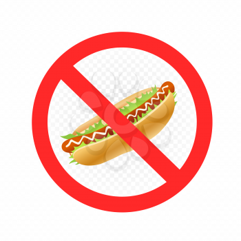 Fast food prohibition sign on white transparent background. Hot Dog in forbidden red circle with crossed line. Bad place for diet symbol