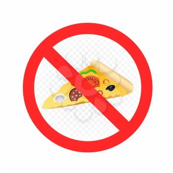 Fast food prohibition sign on white transparent background. Pizza in forbidden red circle with crossed line. Bad place for diet symbol