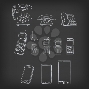 Phone evolution hand-drawn illustration on dark black background. Retro vintage communication set. Technology progress telephone cellphone smartphone collection.