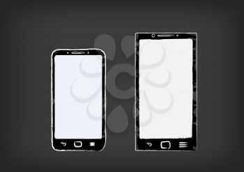 Small and big drawn smartphone template on dark background. Smart technology communication mobile phone