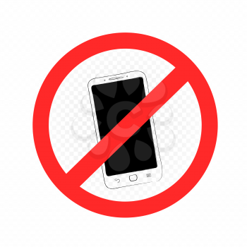 Smartphone prohibition sign symbol on white transparent background. Drawn phone restriction label