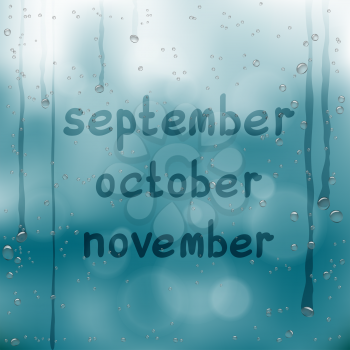 Autumn months written on wet glass. Rainy window and hand written september october november text dark blue sky background