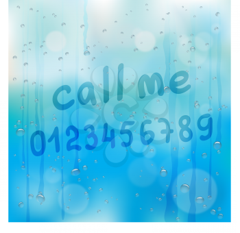 Hand drawn call me text and numbers template on wet glass. Communication contact message on blue sky background. Summer or autumn love romance letters mockup template