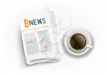 Coffee drink and bitcoin news on transparent background. Read latest cryptocurrency information