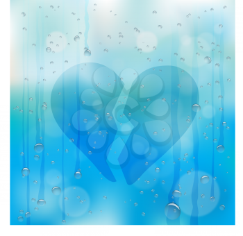 Hand drawn broken heart symbol on wet glass. Rainy window and love sign on blue sky background. Summer or autumn romantic note