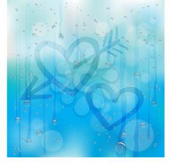 Hand drawn heart and arrow symbol on wet glass. Rainy window and love sign on blue sky background. Summer or autumn romantic note