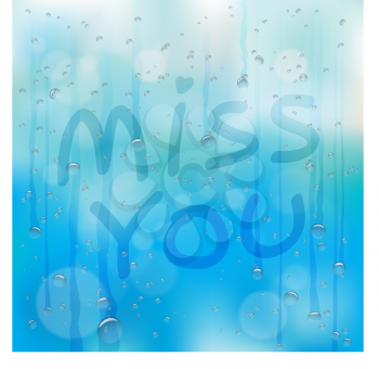 Hand drawn miss you text on wet glass. Rainy window and message on blue sky background. Summer or autumn love romance note