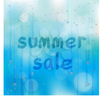 Sunner sale written on wet glass. Rainy window and hand written text on dark blue sky background