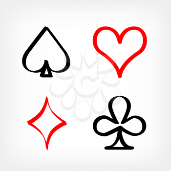 Drawn playing card shapes symbols on white background. Black and red suit cards set. Gambling heart spade club diamond sign
