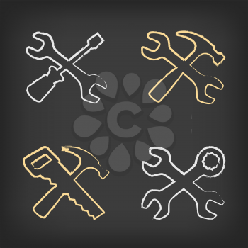 Drawn tools icon set on black background. Drawing across hammer saw screwdriver wrench collection