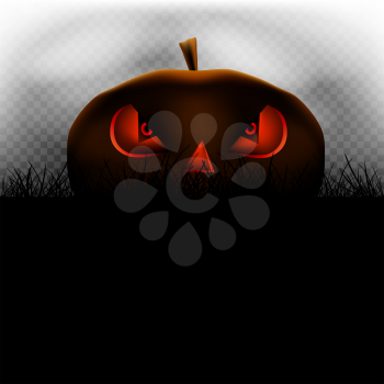 Halloween scary plant in dark grass silhouette and transparent fog on background. Cartoon pumpkin with eyes and nose burns inside