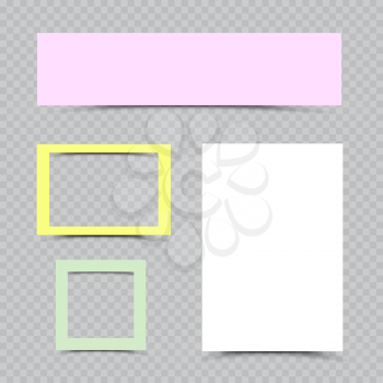 Multicolor paper sheets and frames set with shadow on gray transparent background. Color label template collection