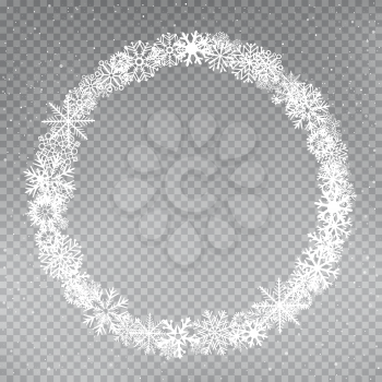 Snowflakes round frame template on gray transparent background. Winter snow circle. Christmas holiday vector illustration