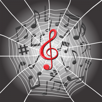 White spider web with treble clef in center and music notes on dark background. Musical composition tangled note