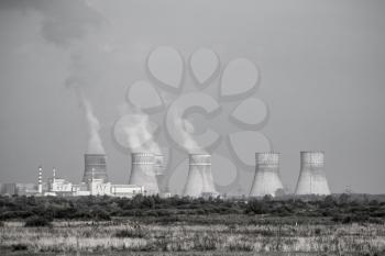 Radiation NPP like Chernobyl. Soviet nuclear station. Power plant produces electricity