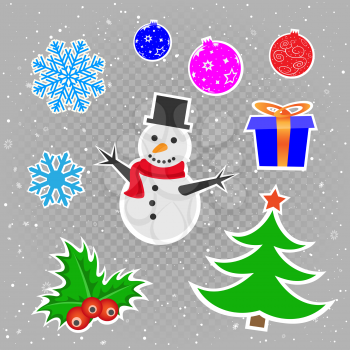 Christmas stickers set on gray transparent background. Snowflake gift toy snowman berry and fir-tree