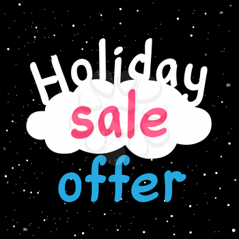Holiday sale discount offer text symbol on black hight snowy background. Winter shopping promotion sign and snow falling