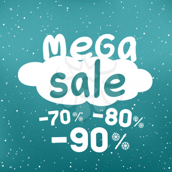 Winter mega sale text on white cartoon cloud with discount and snow falling. Seasonal discounts sticker