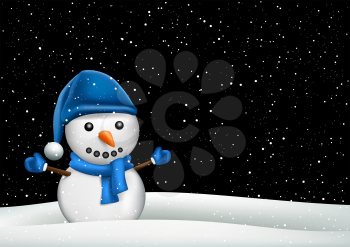 Snowman in winter snowdrift. Winter snow and snowy hills. Christmas holiday card template. Big and small snowflakes falling from sky