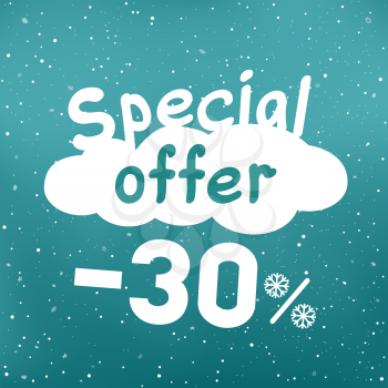 Winter special sale offer text on white cartoon cloud with discount and snow falling. Seasonal discounts sticker