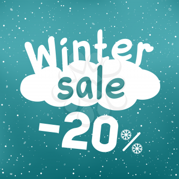 Winter sale text on white cartoon cloud with discount and snow falling. Seasonal discounts sticker