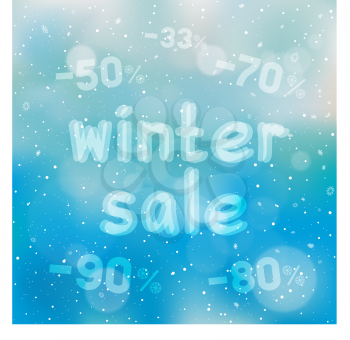Winter sale text on blue sky background with discounts and snow falling
