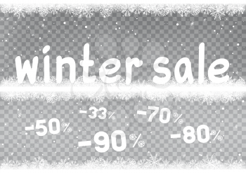 Winter sale text with falling discounts symbols and snow. Seasonal discount sign