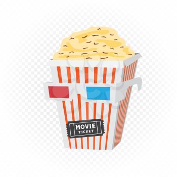 Cinema head with popcorn glasses ticket on white transparent background