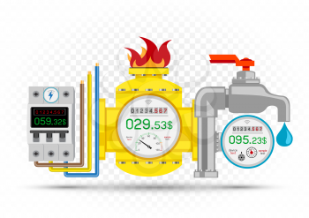 Electric gas water meter counter icons and debt amount on white transparent background. Energy metering symbols