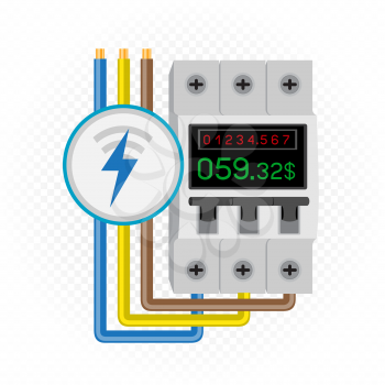 Electric meter icon with counter on breaker and debt amount. White transparent background around