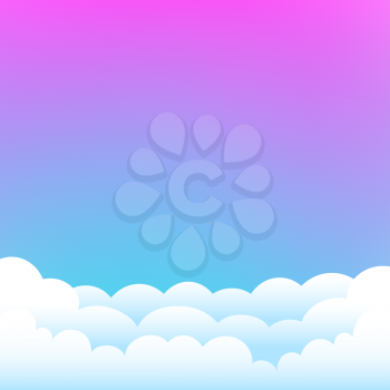 Pink and blue azure sky template background. Cartoon clouds on color nature backdrop