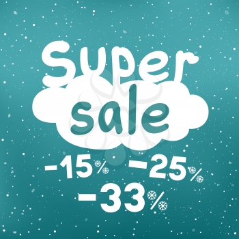 Winter super sale text on white cartoon cloud with discount and snow falling. Seasonal discounts sticker