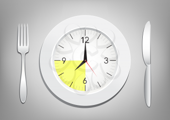 Tablewares indicate time to breakfast or supper. Plate with clock, fork and knife on white transparent background