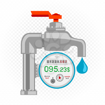 Water meter icon with faucet counter and debt amount on white transparent background