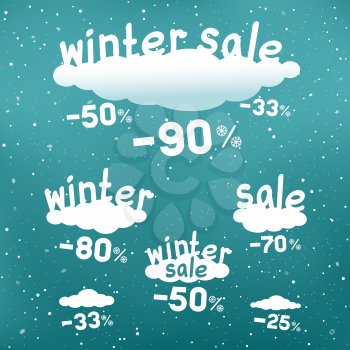 Winter sale text on white cartoon clouds with discounts and snow falling. Seasonal discount stickers set