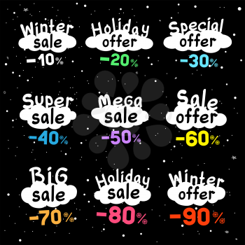 Winter sale text on white cartoon clouds with color discounts and snow falling. Seasonal discount label set