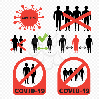 Covid-19 ban mass gatherings and keeping distance infographic. Stop coronavirus symbol. No people contract. Virus infected sticker label template. Covid-2019 biohazard sign