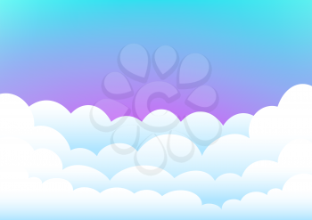Cartoon clouds on fairy tale background. Pink and blue azure cloud sky template backdrop