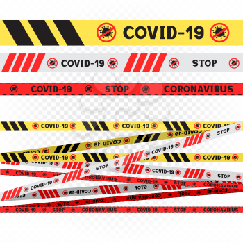 Covid-19 do not cross line tape template on white transparent background. Coronavirus infected no entry allowed. Stop virus microbe infection organism danger