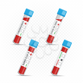 Covid-19 coronavirus medical test tube with checkboxes positive and negative template on white transparent background