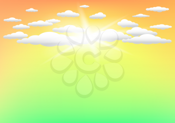 Orange and green sky sun light template background. Cartoon clouds on color nature backdrop
