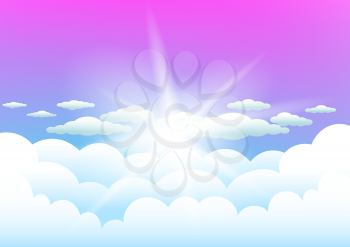 Pink and blue azure sky sun light template background. Cartoon clouds on color nature backdrop