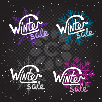 Winter sale text set and snowflakes on dark transparent background. Seasonal discounts sticker