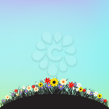 Flowers hill round shape template. Flower and oval dark grass silhouette mockup. Beautiful nature meadow