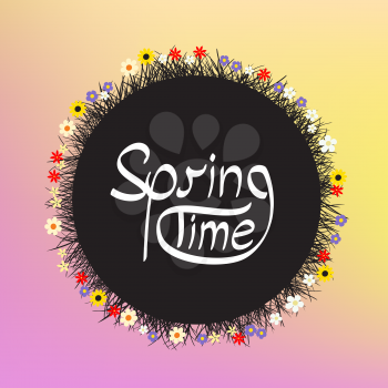 Grass and flowers round shape template with springtime text. Beautiful nature meadow mockup