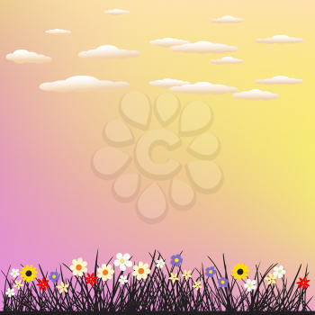 Spring or summer grass and flowers on sky clouds background. Beautiful nature evening meadow