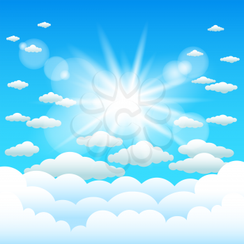 Sun lights and cartoon clouds blue sky. Sunshine cloud template. Realistic sunlight effect