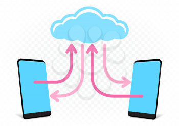 Cloud service for smartphones illustration on white transparent background. Info exchange through clouds technology. Network media communication