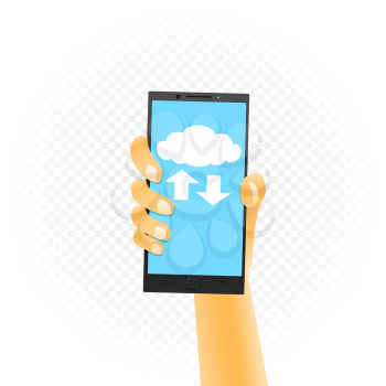 Smartphone in hand cloud service on white background. Phone clouds wireless network communication
