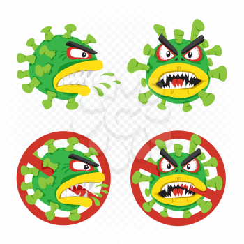 Coronavirus cartoon illustration set on white transparent background. Covid-19 virus microbe infection no entry allowed template